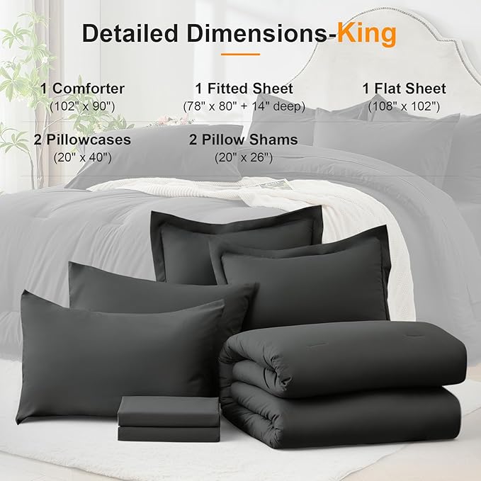 King Size Comforter Set 7 Pieces - Soft Bed in a Bag King Bed Set, Cozy Luxury Bedding Sets with All Season Comforter, Flat Sheet, Fitted Sheet, 2 Pillowcases & 2 Shams, Dark Gray