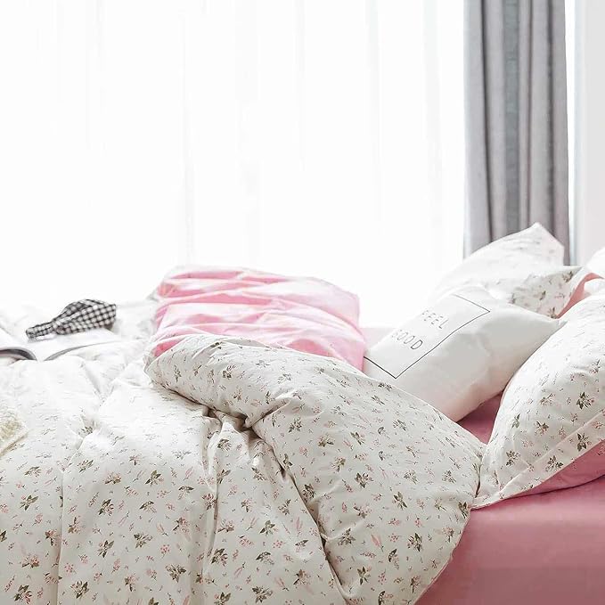 7 Pcs Queen Size Comforter Set with Sheets, Pink White Floral Pattern Printed Preppy Decor Reversible Bed Sets - 90 x 90 Soft Microfiber Flower Duvet Cottage Vintage Bedding in a Bag for Women Men