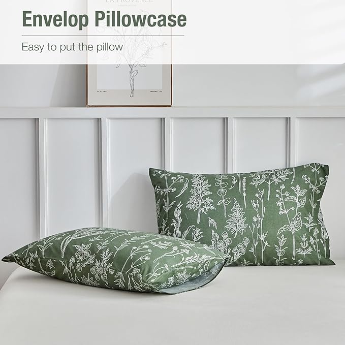 Lekesky Floral Duvet Cover Queen Size, Army Green Queen Duvet Cover with Plant Flowers Pattern,Soft Microfiber Breathable Bedding Set with Zipper & Corner Ties for All Season