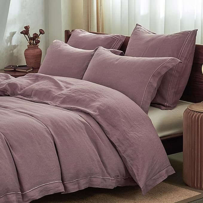 Simple&Opulence 100% Washed Linen Duvet Cover with Embroidered, 2 Pieces Soft Farmhouse Comforter Set with Button Closure,1 Duvet Cover and 1 Pillowsham(Twin,Purple)