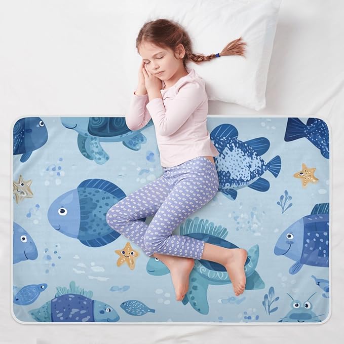 Waterproof Bed Pad Reusable Changing Pad Toddler Mattress Protector Large Pee Pad Baby Diaper Pad Soft Washable Liner Blue Turtle Fish Crabs