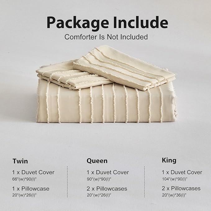 WARMDERN Khaki Boho Duvet Cover Twin Size, Striped Textured Duvet Cover Tufted Bedding Set, 2 Piece Washed Microfiber with Zipper Closure & Corner Ties(Twin, Khaki)