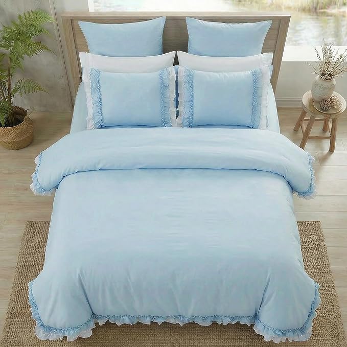 Bedrom Light Blue Duvet Cover Queen Ruffled Bedding Set Elegant Ruffle Lace Bedroom Decor Shabby Chic Farmhouse Style Blue Boho Duvet Cover Set