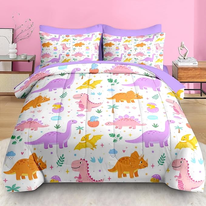 Comforter Set Twin Size, Cute Dinosaur 5 Pcs Bedding for Kids and Adults, Love Rainbow Happy Bed Sheet Sets with Fitted Sheet Pillowcase & Sham for Bedroom Bed Decor