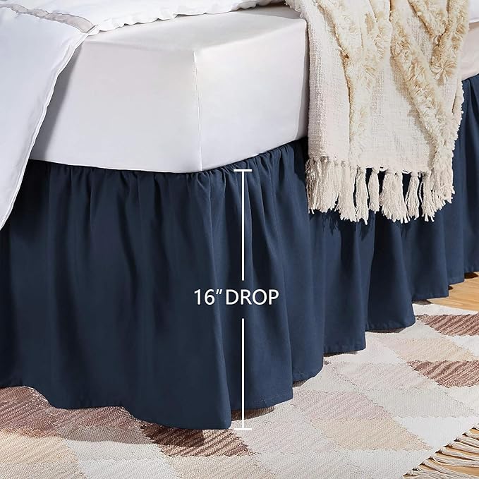 Amazon Basics Lightweight Ruffled Bed Skirt, Classic Style, Soft and Stylish 100% Polyester with 16" drop-Queen, Navy Blue, Solid