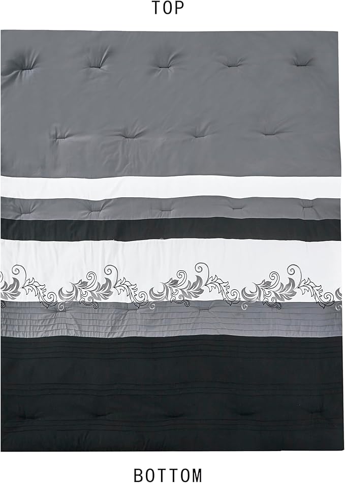Chezmoi Collection Napa 7-Piece Luxury Leaves Scroll Embroidery Bedding Comforter Set (Queen, Black/Gray/White)