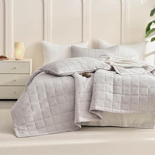 Sanracie Oversized King Quilt (120"x120"), Cotton Oatmeal Colored Waffle Quilt Bedding Set Extra Wide Large Luxury Aesthetic Bedspreads Soft Breathable Bedding Coverlet Sets 3 PCS