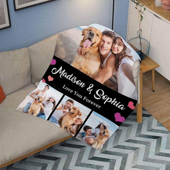 Costume Blanket with Pictures, 4 Photos Blanket Customized Personalized Photo Blanket for Valentines,Boyfriend,Dad,Mom,Friends,New Year,Birthday, 8 Sizes