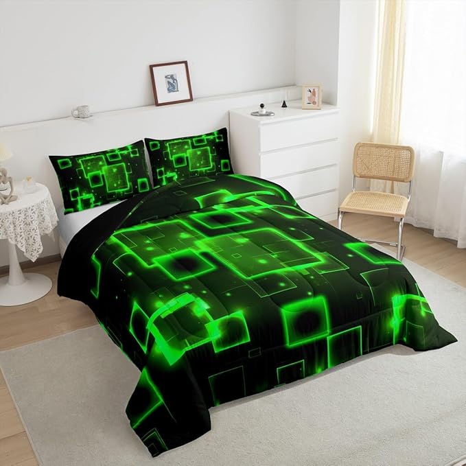 Feelyou Geometric Green Black Comforter Set Twin Size, Kids Light Honeycomb Bedding Set Geometrics Comforter Abstract Duvet Insert Bed Set 2Pcs
