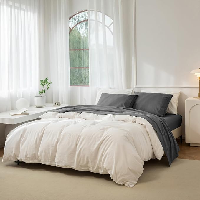 JIYUAN 100% Washed Cotton Sheet Set 3 Pieces Twin,1 Fitted Sheet,1 Flat Sheet and 1 Pillowcase, Comfy and Breathable Linen Like Bedding Set,Heathered Dark Grey