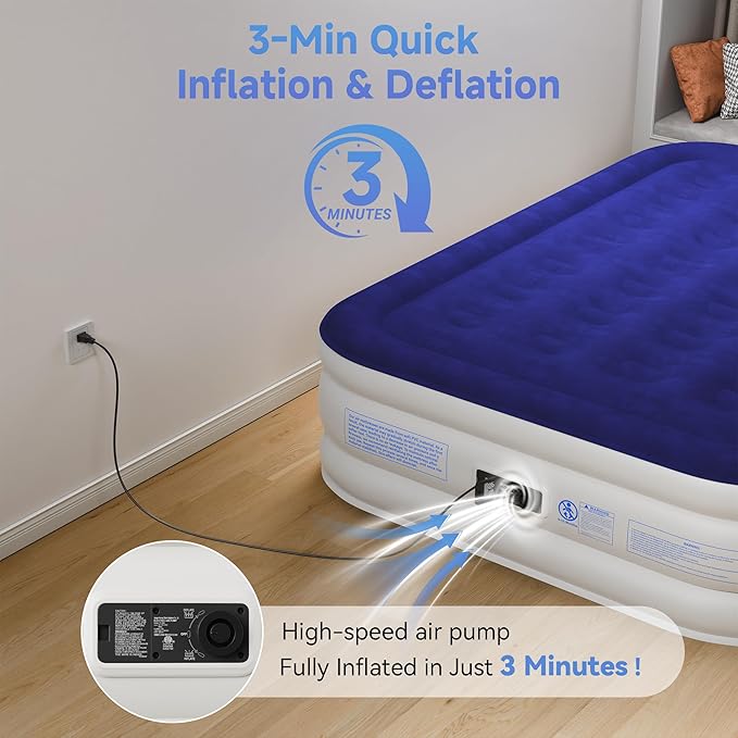 Sebor Air Mattress Queen with Built-in Pump 18", Comfortable Self-Inflating Air Mattress with High-Speed Pump, Durable Blow Up Mattress Queen with Storage Bag for Guests, Camping, Travel