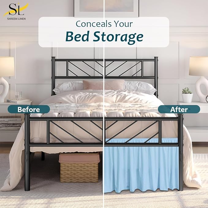Shreem Linen Ruffled Bed Skirt with Split Corners, Gathered Style, 100% Microfiber, 12-Inch Drop, Dust Ruffle Bedskirt with Platform, Olympic Queen, Light Blue