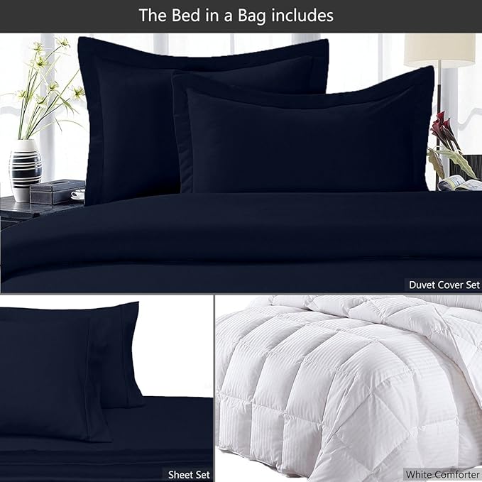 8 Pieces 100% Cotton Solid Navy Queen Goose Down Bed in a Bag Set Including 600TC Sheet Set + 600TC Duvet Cover Set+ All Season Striped Goose Down Comforter 600 Fill Power