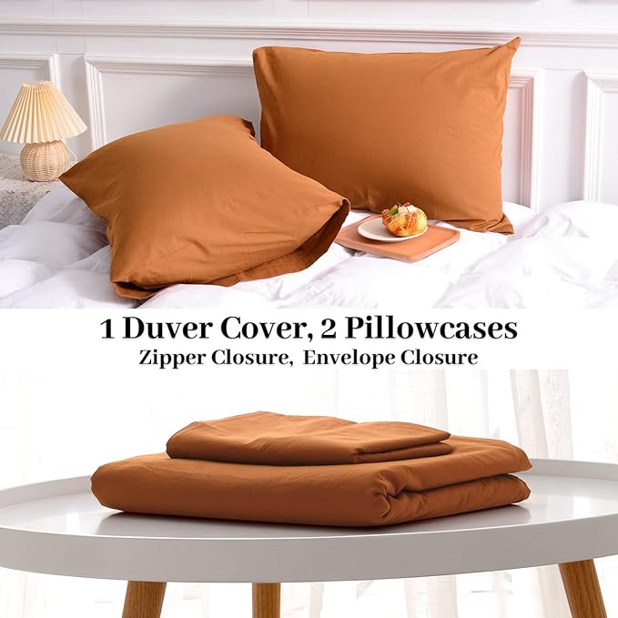 NEXHOME PRO Terracotta Burnt Orange Duvet Cover Set Queen Size Linen Textured Organic Natural 100% Washed Cotton Duvet Cover Caramel 3 Pieces Bedding Set with Zipper Closure Soft (No Comforter)