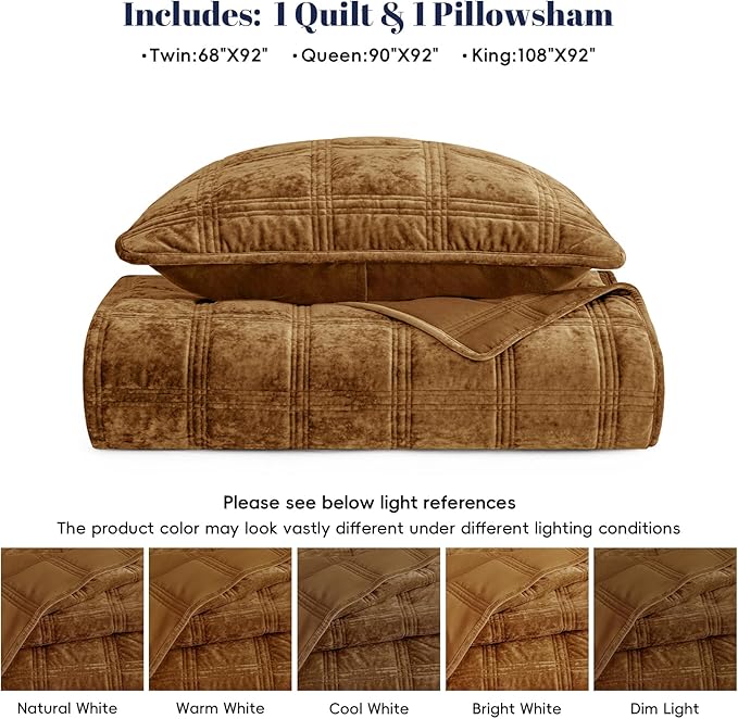 PHF Ultra Soft Velvet Quilt Set Twin Size – 2PCS Luxurious Cozy Quilted Comforter Alternative with Diamond Pattern, Warm Quilted Bedspread Coverlet, 68" x 92", Rusty Burnt Orange