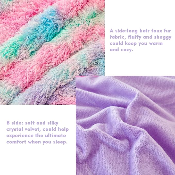 PERFEMET Fluffy Full Size Comforter Sets for Girls 3Pcs Luxury Soft Pink Blue Faux Fur Comforters for Kids Teens Warm Cozy Tie Dyed Velvet Fuzzy Plush Bedding Set(Pink Blue, Full)
