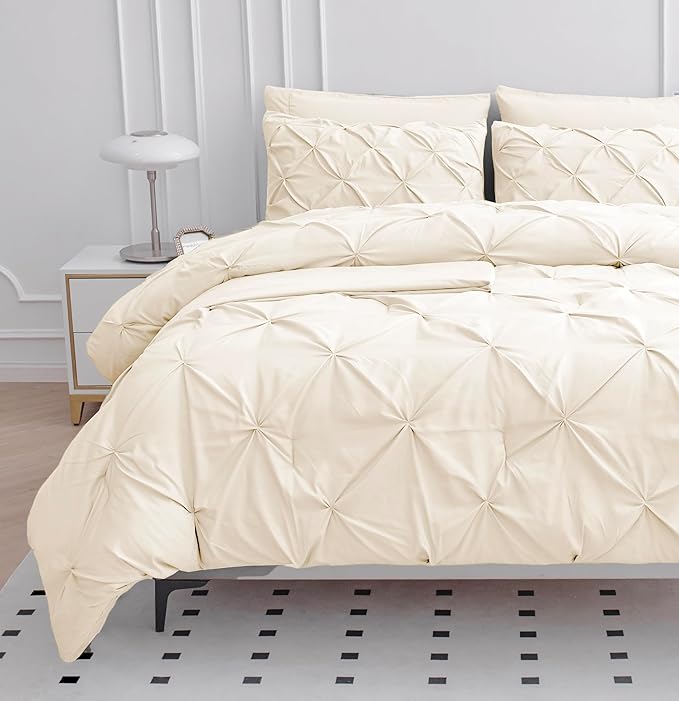LANE LINEN King Comforter Set – 7 Piece Pintuck Bed in a Bag - Down Alternative Bedding with Comforter, Sheets, Pillowcases & Shams - Ultra Soft, Hotel Quality Cloud Like Comfort Everyday Use – Ivory | Cloud soft feel, Plush alt feel, Light breathable,...