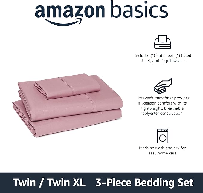 Amazon Basics Lightweight Super Soft Breathable Wrinkle-Free Microfiber 3-Piece Bed Sheet Set, Twin XL, Rose, Solid