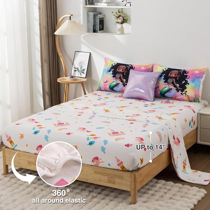 A Nice Night 6pcs Comforter Set,Black Girl Princess Mermaid with Green Tail Printed,Pink Gradient Glitter Rainbow Background Kids Bedding Set,Full