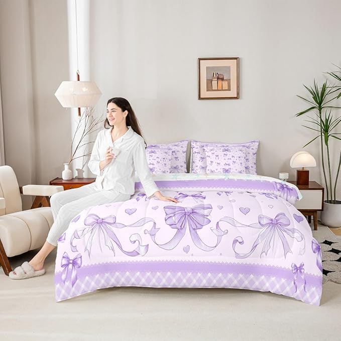 Feelyou Bowknot Comforter Set with Sheets 7 Piece Twin Size Dreamy Princess Bedding Set for Kids Boys Girls Cute Bow Bed in a Bag Love Hearts Room Decor Soft Lightweight Microfiber