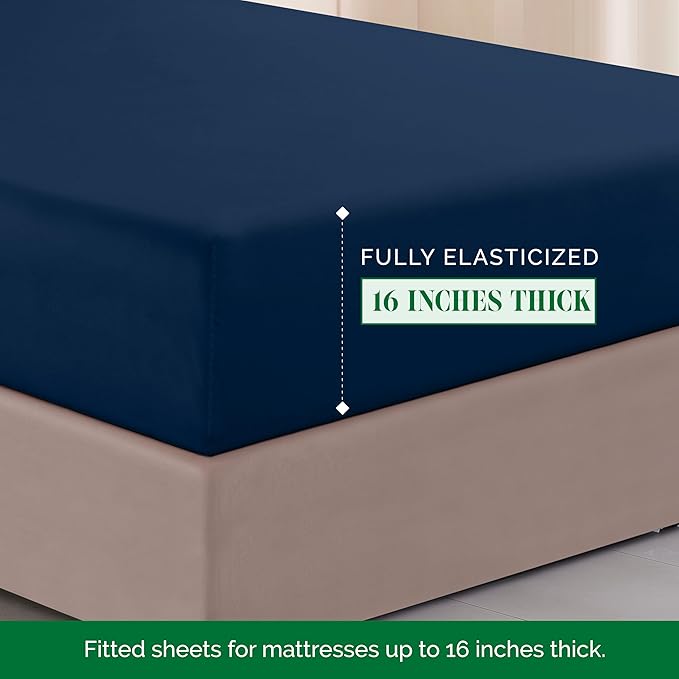 Elegant Comfort Luxurious 1500 Premium Hotel Quality Microfiber Three Line Embroidered Softest 4-Piece Bed Sheet Set, Wrinkle and Fade Resistant, Full, Navy Blue
