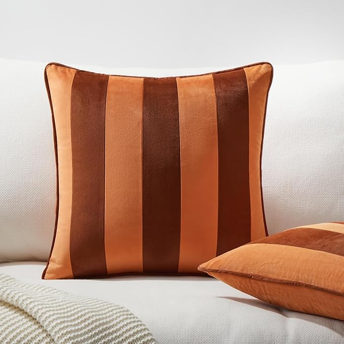 MONDAY MOOSE Decorative Throw Pillow Covers Cushion Cases, Set of 2 Soft Velvet Striped Piping Edge Designs, Pillow Inserts Not Included (20x20 inch, Rust/Coral)