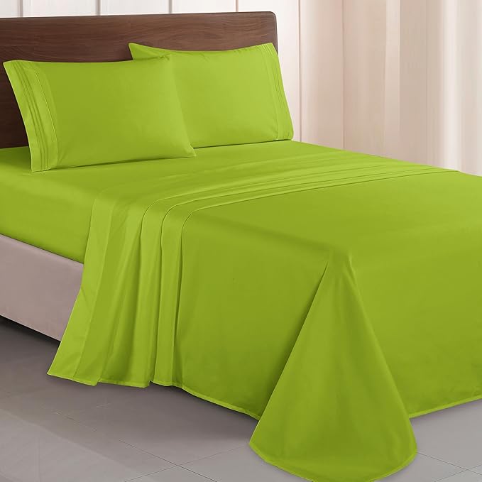 Elegant Comfort Luxurious 1500 Premium Hotel Quality Microfiber Three Line Embroidered Softest 4-Piece Bed Sheet Set, Wrinkle and Fade Resistant, Queen, Lime
