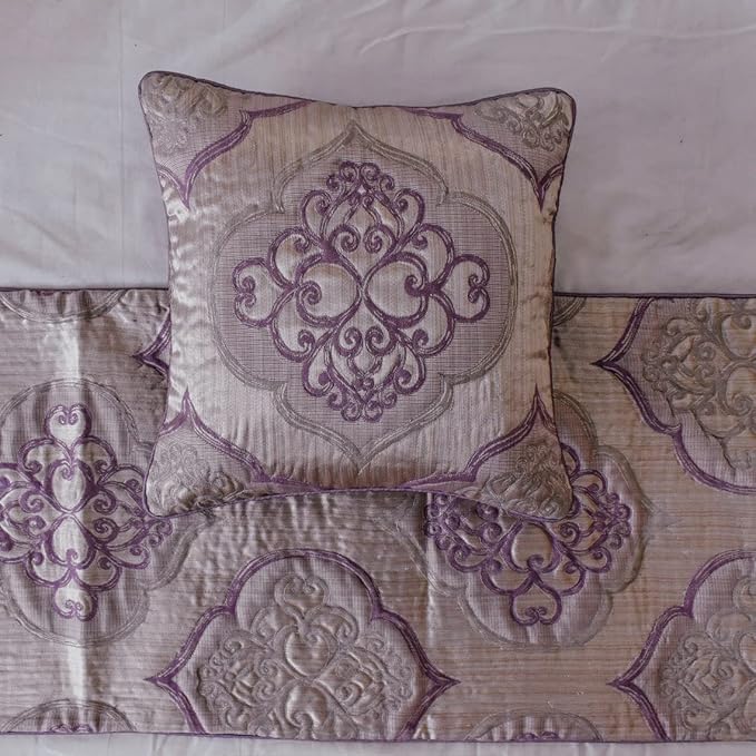 The HomeCentric King/Queen/Twin Purple Decorative Queen 74"x18" Bed Runner with Pillow Cover, Damask & Quilted Bed Scarf on Jacquard Fabric - Embre Purple