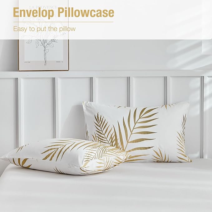 Lekesky King Duvet Cover Set, White and Gold Tropical Palm Leaf Pattern Comforter Cover King Size, 3 Pieces Soft Microfiber Bedding Sets with Zipper & 2 Pillowcases, Comforter Not Included