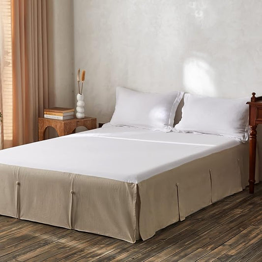BISELINA French Linen Bed Skirt Split Corner with Button 18-Inch Tailored Drop Natural Flax Cotton Blend Basic Dust Ruffle Soft Cozy (18" King,Button Linen)