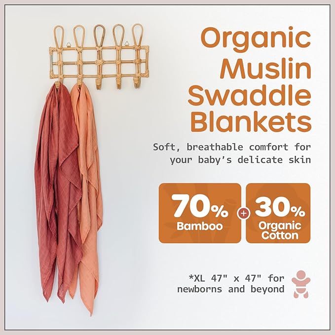 Organic Muslin Swaddle Blanket - Baby Receiving Blankets Neutral - Organic Muslin Solid Color Swaddle Blankets, Earth Tone Collection, XLarge Soft and Breathable, 2 Pack, 47" x 47"
