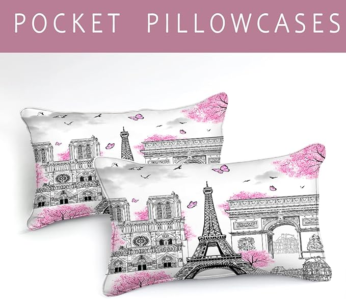 Bedbay Pink Paris Comforter Set Eiffel Tower Duvet Set Aesthetic Bedding for Girls Women Pink and Grey Comforter Quilt Set French Style Summer Lightweight Comforter,No Sheets(Paris,King)