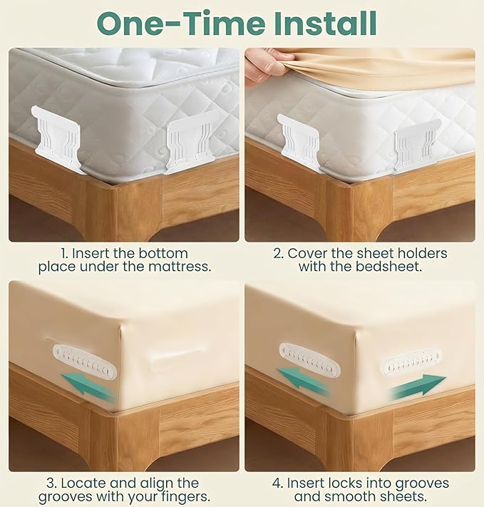 UNILEAF Bed Sheet Holders for Corners, 4-Pack Bed Sheet Grippers, Fabric-Safe Fitted Sheet Holder, No-Lift Corner Clips, One-Time Install, Universal Fit for Twin–King Mattresses