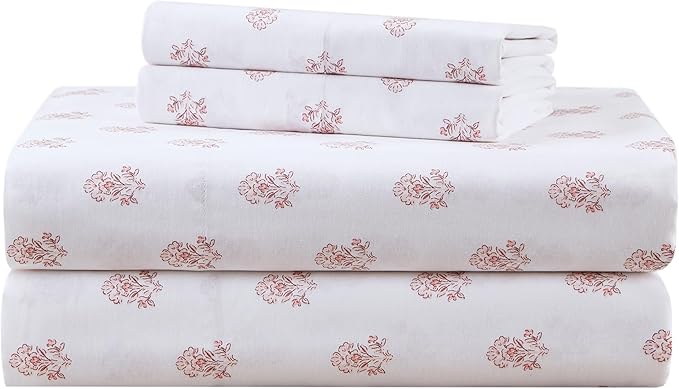 Comfort Spaces 100% Cotton Sheets Cal King, Breathable, Naturally Cool Cotton Sheets, Soft Cotton Bed Sheets with 14" Elastic Pocket Fits up to 16" Mattress, All Seasons Sheet Set, Floral Pink 4 Piece