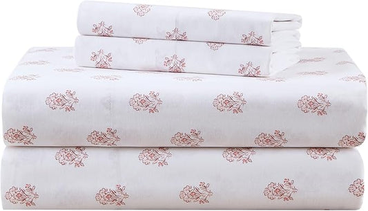 Comfort Spaces 100% Cotton Sheets Cal King, Breathable, Naturally Cool Cotton Sheets, Soft Cotton Bed Sheets with 14" Elastic Pocket Fits up to 16" Mattress, All Seasons Sheet Set, Floral Pink 4 Piece