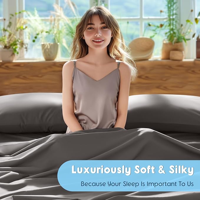 SONORO KATE 100% Egyptian Cotton Sheets Set, Extra Deep Pocket up to 18"-24",1000 High Thread Count, Soft & Breathable 5-Star Hotel Sateen Bed Sheets - 4 PC (Dark Grey,Queen)