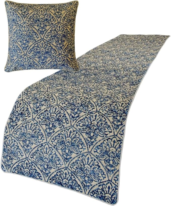 The HomeCentric King/Queen/Twin Blue Designer Queen 74"x18" Bed Runner with Pillow Cover, Embroidery, Quilted Bed Scarf on Cotton Fabric - Farzeen Blue