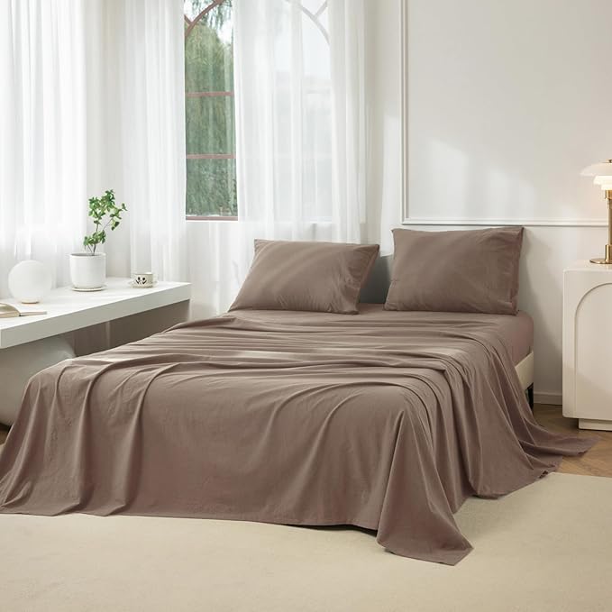 JIYUAN 100% Washed Cotton Sheet Set 3 Pieces Twin,1 Fitted Sheet,1 Flat Sheet and 1 Pillowcase, Comfy and Breathable Linen Like Bedding Set,Light Brown
