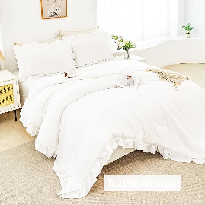 ANGIYUIN 5 Pieces White Full Size Bed in A Bag for Kids Girls Ruffle Bedding Sets Solid Ruffled Comforter Set Vintage Farmhouse Bedding Comforter Sets with Sheets(White Full)