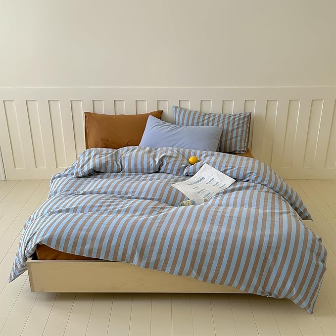Blue Brown Striped Duvet Cover Set Twin, 100% Washed Cotton Vintage Stripes Pattern Printed Bedding Set, 3 Pieces Farmhouse Striped Comforter Cover, Soft Comfy Breathable Duvet Cover with Zipper