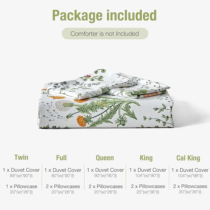 Lekesky King Size Duvet Cover Set, Lightweight Soft Microfiber Comforter Cover, Reversible Duvet Cover King with Floral Pattern, 3 Pieces Green Bedding Set with Zipper and 2 Pillowcases
