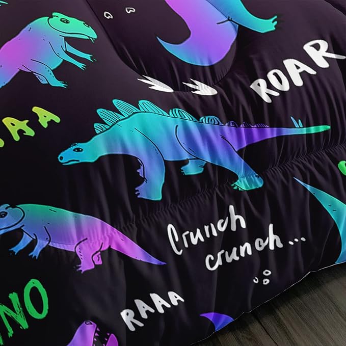 Axolotl Cartoon Dinosaur Bedding Set,Queen Size Kids Bed Set,Gradient Dinosaur Comforter Set,1 Quilt with 2 Pillowcases for Boys Girls Kids Teens Children Adults Room Decor All Season,Black