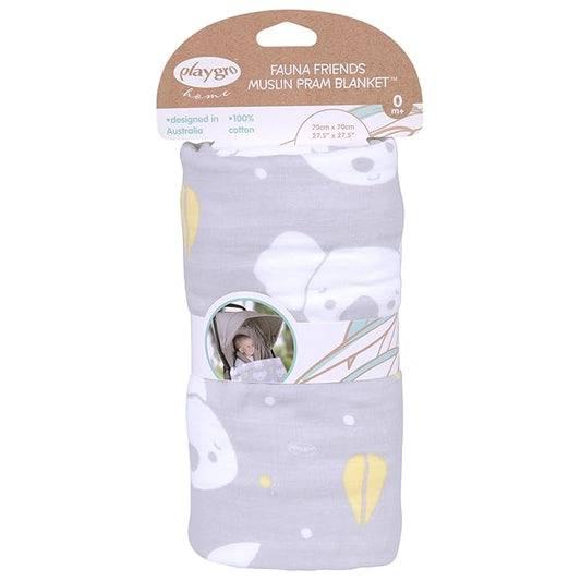 Playgro Fauna Friends Muslin Pram Blanket - Soft and Breathable 100% Organic Cotton Baby Blanket - Muslin Swaddle Blankets for Boys and Girls - Convenient 70x70cm Size