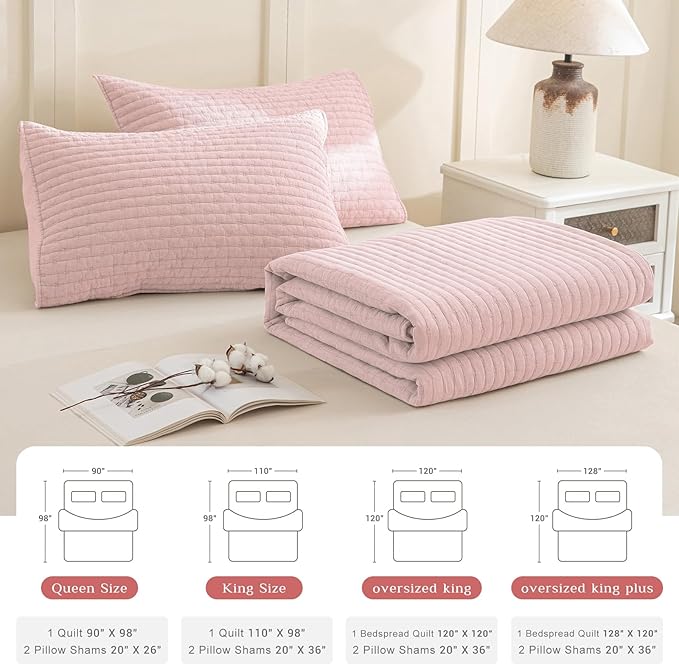 CozyTide Oversized King Bedspread 128"x120",Stone-Washed Cotton Blush Pink Oversized King Quilt Bedding Set,3 Pieces Lightweight Extra Large Farmhouse Boho Bedspread & Coverlet Sets Soft