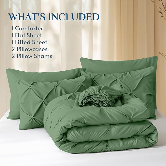 JOLLYVOGUE King Size Comforter Set 7 Pieces - Bed in a Bag King for All Season, Pintuck Bedding Comforter Sets with Comforter, Flat Sheet, Fitted Sheet and Pillowcases & Shams, Green
