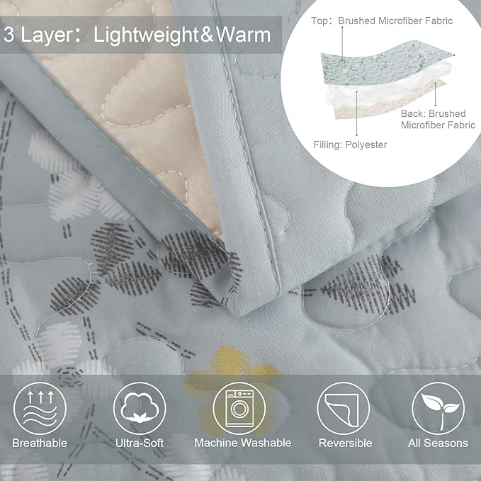 Exclusivo Mezcla Reversible Boho Quilts Queen Size, Light Blue Bedspreads Lightweight Coverlet All Season Flowers Quilt Bedding Set with Printed Floral Pattern (1 Quilt, 2 Pillow Shams)