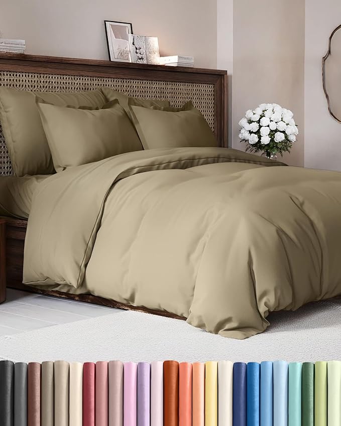 Duvet Cover Cal King Size - Extra Soft Cal King Size Duvet Cover - Lightweight & Breathable - Easy Care & Fade Free with Zipper Closures & Ties - 104" x 98" Inches - (Khaki) Comforter Not Included