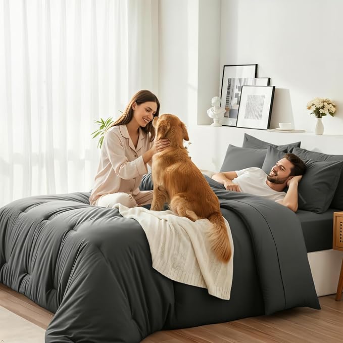 California King Comforter Set 7 Pieces - Ultra-Soft Bed in a Bag, Cozy Luxury All Season Bedding Sets with Comforter, Flat Sheet, Fitted Sheet, 2 Pillow Shams & 2 Pillowcases, Dark Gray