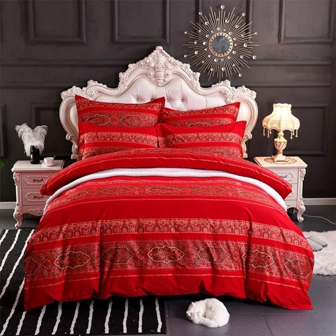 ABREEZE Cal.King Duvet Covers, Bohemian Retro Bedding Set, Coloful Mandala Down Comforter Cover, Boho Floral Style Quilt Cover, 100% Brushed Cotton, 1 Duvet Cover and 2 Pillow Shams,Red