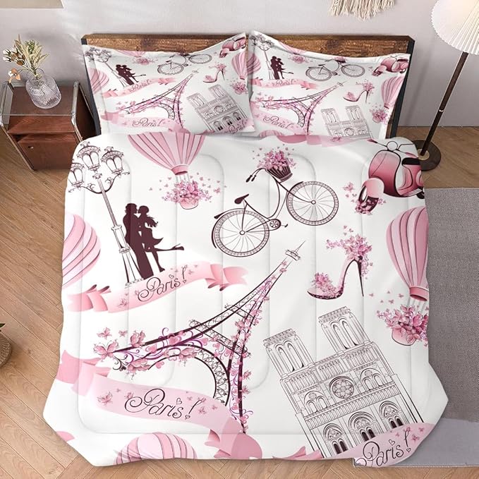Queen Size Comforter Set with 2 Pillowcases, Vintage Paris Eiffel Tower Love Soft 3 Pcs Bedding for Kids and Adults Bedroom Bed Decor
